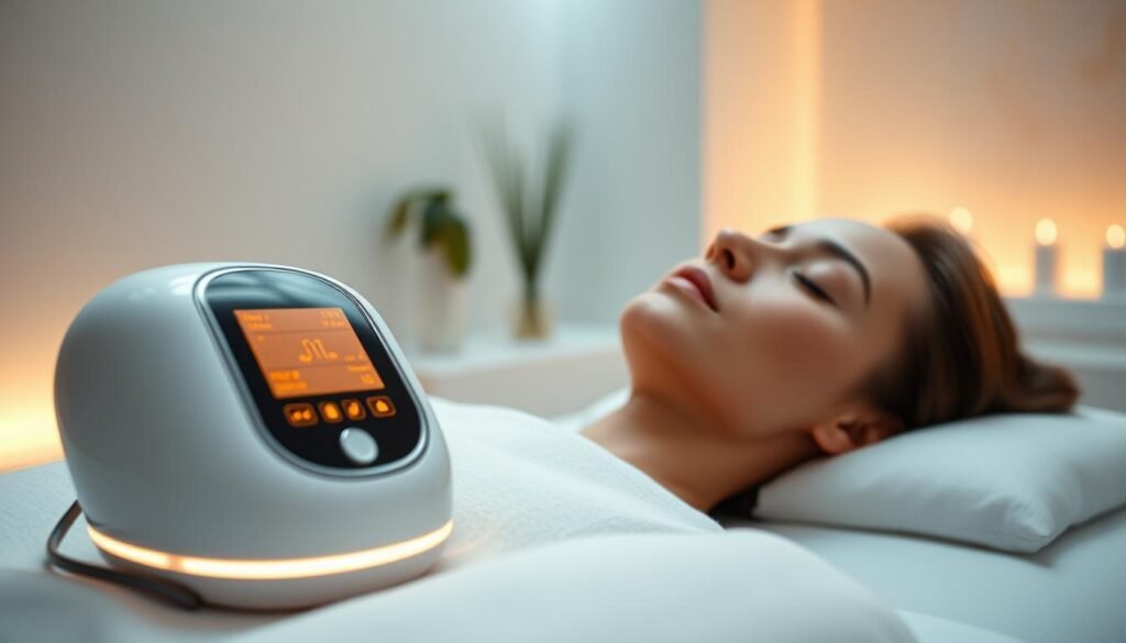 A high-quality, detailed image of "Oligio X 原美電波" by Glowin Beaute. The foreground features the Oligio X device, a sleek and modern design with a glowing, futuristic display. The middle ground showcases the client undergoing the treatment, relaxed and immersed in the therapeutic process. The background depicts a tranquil, minimalist spa-like setting with soft lighting and soothing color tones. The overall scene conveys a sense of advanced, cutting-edge technology blended with a calming, restorative atmosphere. The image should be captured with a high-resolution camera, using a shallow depth of field to focus attention on the key elements.