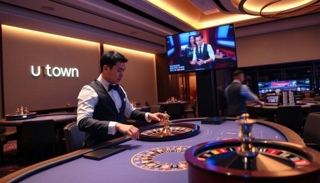 A live casino table at the UTown entertainment complex, with a professional live dealer interacting with players through a high-definition video feed. The dealer, dressed in a sleek, modern casino uniform, deals cards and spins a roulette wheel with precision and grace. The table is illuminated by soft, warm lighting, creating an intimate and immersive atmosphere. The background features the sophisticated, minimalist decor of the UTown casino, with clean lines and muted tones. The image conveys a sense of excitement and anticipation, as players engage in the real-time, interactive gaming experience. A live casino table at the UTown entertainment complex, with a professional live dealer interacting with players through a high-definition video feed. The dealer, dressed in a sleek, modern casino uniform, deals cards and spins a roulette wheel with precision and grace. The table is illuminated by soft, warm lighting, creating an intimate and immersive atmosphere. The background features the sophisticated, minimalist decor of the UTown casino, with clean lines and muted tones. The image conveys a sense of excitement and anticipation, as players engage in the real-time, interactive gaming experience.
