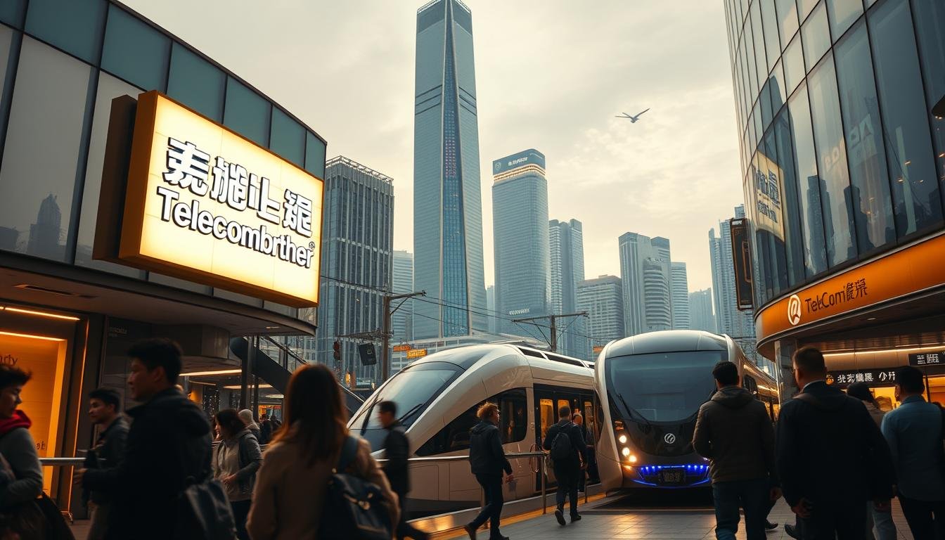 A bustling urban scene featuring the Telecombrother brand logo prominently displayed on a large, illuminated sign. In the foreground, commuters hurry through a modern, glass-encased metro station, their silhouettes creating a sense of movement and activity. The middle ground showcases a sleek, bullet-shaped train gliding into the station, its streamlined design reflecting the efficiency of the transit system. In the background, a towering skyscraper skyline rises, punctuated by the iconic Hong Kong architecture that defines the city's skyline. Warm, ambient lighting casts a golden glow, creating a sense of warmth and vibrancy that captures the energy of the "轉台優惠" experience.