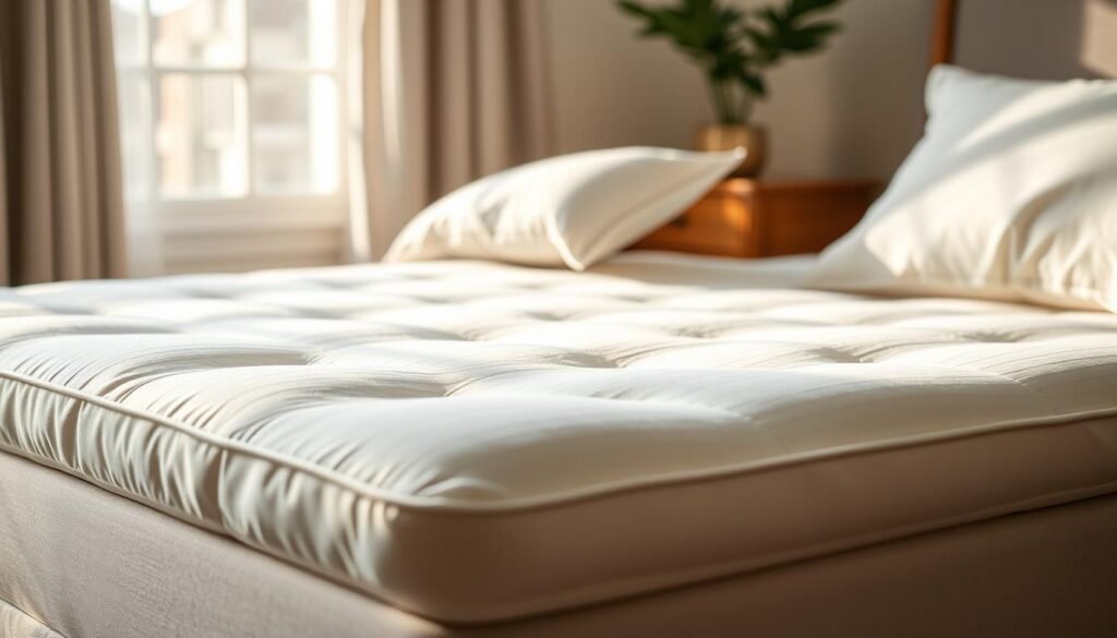 A carefully maintained and freshly laundered StylesMaven mattress pad, fluffed and positioned invitingly on a cozy bed frame. Soft, supple fabric in a soothing neutral tone, with delicate stitching and subtle quilting patterns. Diffused natural light streams in through a nearby window, casting a warm glow and gentle shadows across the surface. The pad appears plush yet supportive, beckoning for a restful night's sleep. An exemplary representation of the proper care and upkeep of a high-quality mattress protector. A carefully maintained and freshly laundered StylesMaven mattress pad, fluffed and positioned invitingly on a cozy bed frame. Soft, supple fabric in a soothing neutral tone, with delicate stitching and subtle quilting patterns. Diffused natural light streams in through a nearby window, casting a warm glow and gentle shadows across the surface. The pad appears plush yet supportive, beckoning for a restful night's sleep. An exemplary representation of the proper care and upkeep of a high-quality mattress protector.