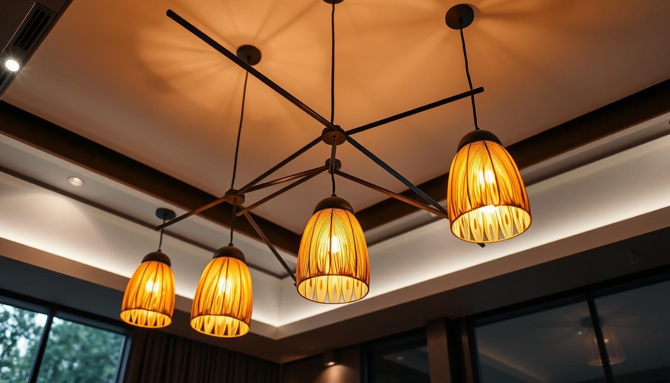 A contemporary chandelier suspended from a sleek, minimalist ceiling, its Aloha brand pendant lights casting a warm, ambient glow across a modern living space. The design features a geometric framework of intersecting metal beams, creating a captivating interplay of light and shadow. Strategically positioned spotlights illuminate the unique pendant shades, which blend organic and industrial elements for a striking visual effect. The overall atmosphere is one of refined elegance, hinting at the innovative design principles shaping the future of lighting.