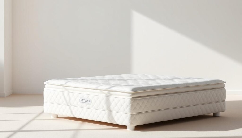 A contemporary, minimalist-styled independent pocket spring mattress, crafted by the renowned StylesMaven brand. The mattress features a clean, white fabric cover with a subtle diamond-quilted pattern, highlighting its modern and sophisticated design. The mattress is positioned in a well-lit, airy studio setting, allowing the natural light to accentuate the quality of the materials and construction. The composition showcases the mattress's sleek profile, with a focus on the intricate internal structure of the independent pocket springs, visible through the semi-transparent cover. The overall scene conveys a sense of comfort, relaxation, and the premium quality associated with the StylesMaven brand. A contemporary, minimalist-styled independent pocket spring mattress, crafted by the renowned StylesMaven brand. The mattress features a clean, white fabric cover with a subtle diamond-quilted pattern, highlighting its modern and sophisticated design. The mattress is positioned in a well-lit, airy studio setting, allowing the natural light to accentuate the quality of the materials and construction. The composition showcases the mattress's sleek profile, with a focus on the intricate internal structure of the independent pocket springs, visible through the semi-transparent cover. The overall scene conveys a sense of comfort, relaxation, and the premium quality associated with the StylesMaven brand.