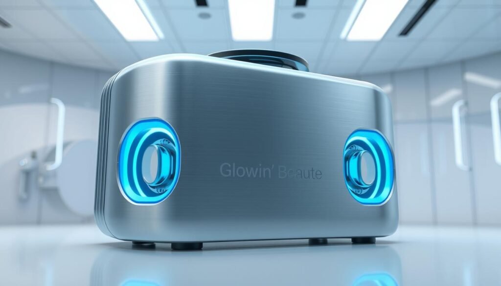 A detailed, sleek, and futuristic illustration of the Glowin' Beaute intelligent cooling and vibration system. Showcased in a clinical, well-lit environment, the device features a minimalist, brushed metal design with clean lines and a smooth, silver-gray finish. Glowing blue accents highlight the active cooling vents and vibration modules, creating a sense of advanced technology. The scene emphasizes the system's precision and efficiency, with a focus on the intricate components and mechanisms that enable its intelligent cooling and soothing vibration capabilities. The overall mood is one of technological sophistication and therapeutic effectiveness. A detailed, sleek, and futuristic illustration of the Glowin' Beaute intelligent cooling and vibration system. Showcased in a clinical, well-lit environment, the device features a minimalist, brushed metal design with clean lines and a smooth, silver-gray finish. Glowing blue accents highlight the active cooling vents and vibration modules, creating a sense of advanced technology. The scene emphasizes the system's precision and efficiency, with a focus on the intricate components and mechanisms that enable its intelligent cooling and soothing vibration capabilities. The overall mood is one of technological sophistication and therapeutic effectiveness.