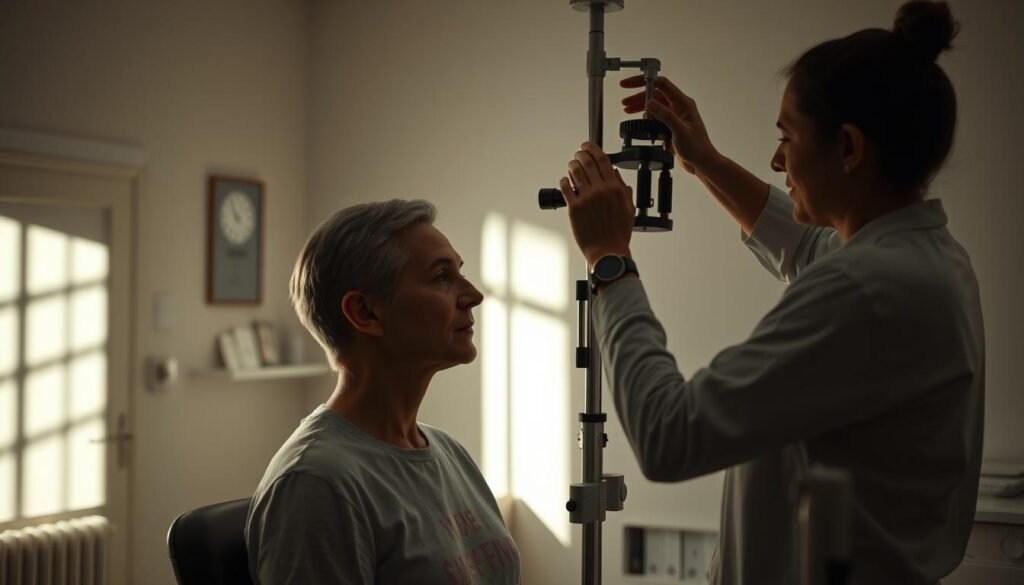 A dimly lit clinic room, with a patient undergoing a physical therapy session for inner ear imbalance. The physiotherapist guides the patient through a series of carefully choreographed head movements and balancing exercises, using specialized equipment like a Dix-Hallpike testing chair. Soft, natural lighting casts subtle shadows, adding depth and a sense of tranquility to the scene. The patient's expression conveys focused determination, as they work to regain their equilibrium through this integrated, holistic approach to treatment. The background features minimal, clean medical decor, allowing the therapy process to take center stage. A dimly lit clinic room, with a patient undergoing a physical therapy session for inner ear imbalance. The physiotherapist guides the patient through a series of carefully choreographed head movements and balancing exercises, using specialized equipment like a Dix-Hallpike testing chair. Soft, natural lighting casts subtle shadows, adding depth and a sense of tranquility to the scene. The patient's expression conveys focused determination, as they work to regain their equilibrium through this integrated, holistic approach to treatment. The background features minimal, clean medical decor, allowing the therapy process to take center stage.
