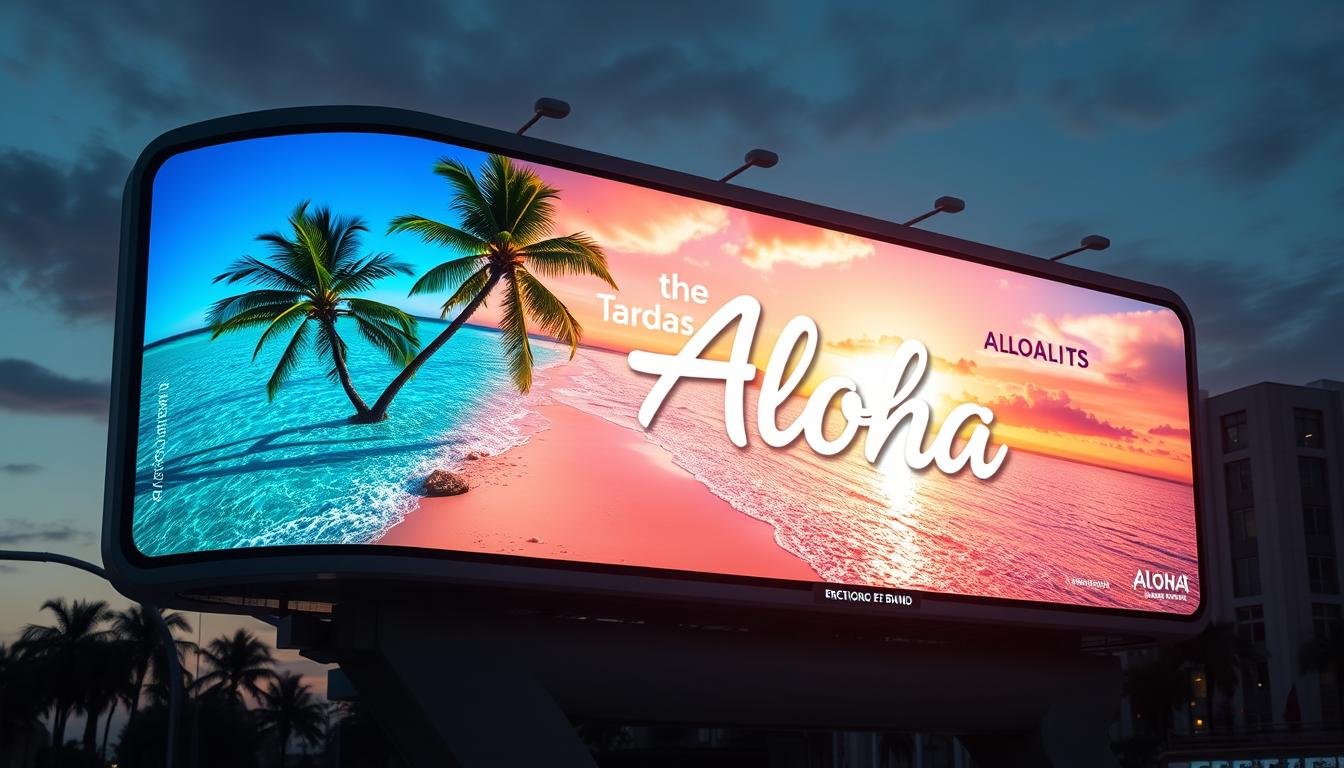 A futuristic advertisement billboard featuring the "Aloha" brand, showcasing the latest digital signage technology. The billboard displays a vibrant, high-resolution tropical scene with swaying palm trees, crystal-clear waters, and a stunning sunset backdrop. The lighting is dynamic, with subtle animations and color shifts that create a mesmerizing, attention-grabbing display. The billboard is mounted on a sleek, modern structure with clean lines and a minimalist design, blending seamlessly into the urban landscape. The overall scene conveys a sense of innovation, sophistication, and a connection to the brand's Hawaiian-inspired aesthetic.