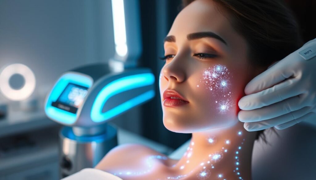 A high-fidelity, photorealistic image of the Glowin' Beaute "Oligio X 原美電波療程效果". The image depicts a female subject receiving the Oligio X treatment, with visible energy waves and a glowing, radiant complexion. The foreground shows the subject's face and upper torso, subtly lit from the side to highlight the skin's luminosity. The middle ground features the treatment device, its sleek design and vibrant blue-green hues complementing the subject's skin tone. The background is blurred but suggests a professional, clinical setting with a clean, minimalist aesthetic. The overall mood is one of rejuvenation, high-tech innovation, and the transformative power of the Oligio X treatment. A high-fidelity, photorealistic image of the Glowin' Beaute "Oligio X 原美電波療程效果". The image depicts a female subject receiving the Oligio X treatment, with visible energy waves and a glowing, radiant complexion. The foreground shows the subject's face and upper torso, subtly lit from the side to highlight the skin's luminosity. The middle ground features the treatment device, its sleek design and vibrant blue-green hues complementing the subject's skin tone. The background is blurred but suggests a professional, clinical setting with a clean, minimalist aesthetic. The overall mood is one of rejuvenation, high-tech innovation, and the transformative power of the Oligio X treatment.