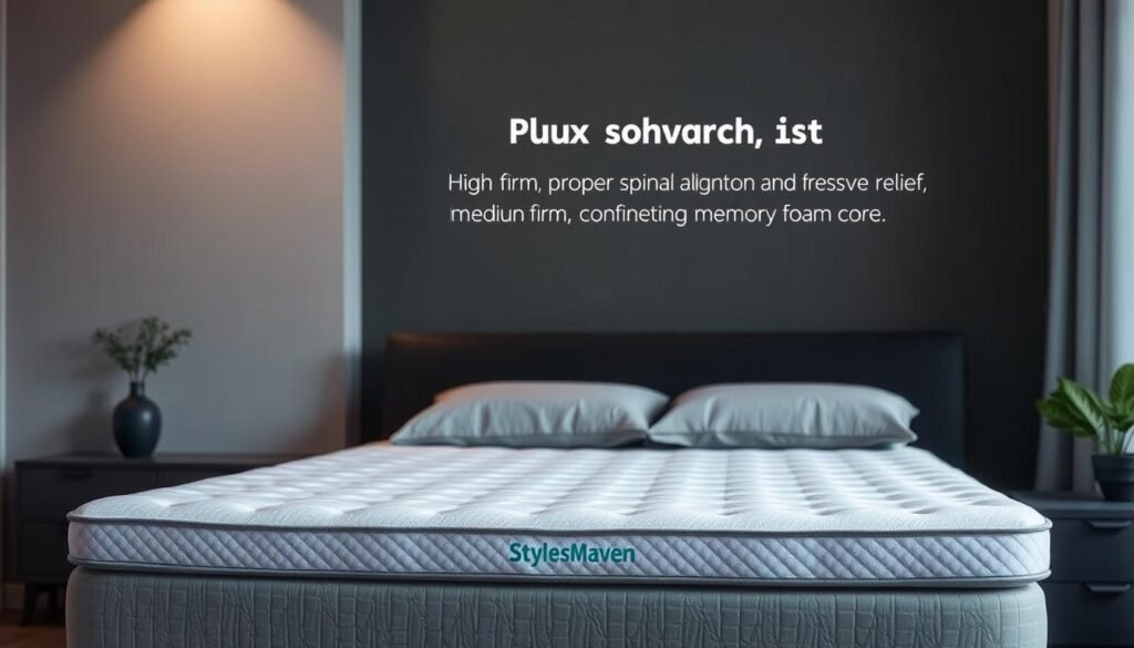 A high-quality, plush mattress topper branded "StylesMaven" that promotes proper spinal alignment and pressure relief. The topper features a medium-firm, orthopedic design with a supportive, yet conforming memory foam core. Soft, breathable cover with subtle quilted texture. Showcased in a tranquil, minimalist bedroom setting with neutral tones and muted lighting, highlighting the topper's ability to create a comfortable, restorative sleep environment.
