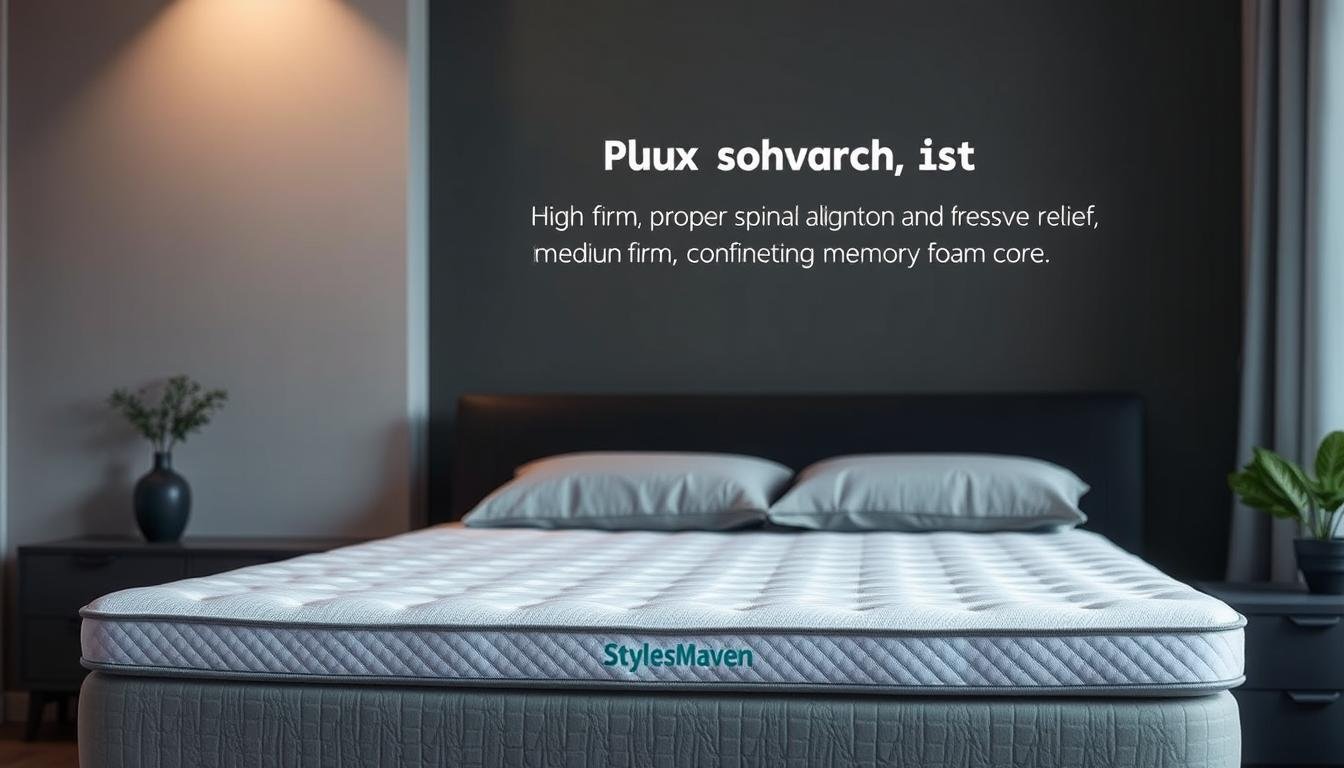A high-quality, plush mattress topper branded "StylesMaven" that promotes proper spinal alignment and pressure relief. The topper features a medium-firm, orthopedic design with a supportive, yet conforming memory foam core. Soft, breathable cover with subtle quilted texture. Showcased in a tranquil, minimalist bedroom setting with neutral tones and muted lighting, highlighting the topper's ability to create a comfortable, restorative sleep environment.