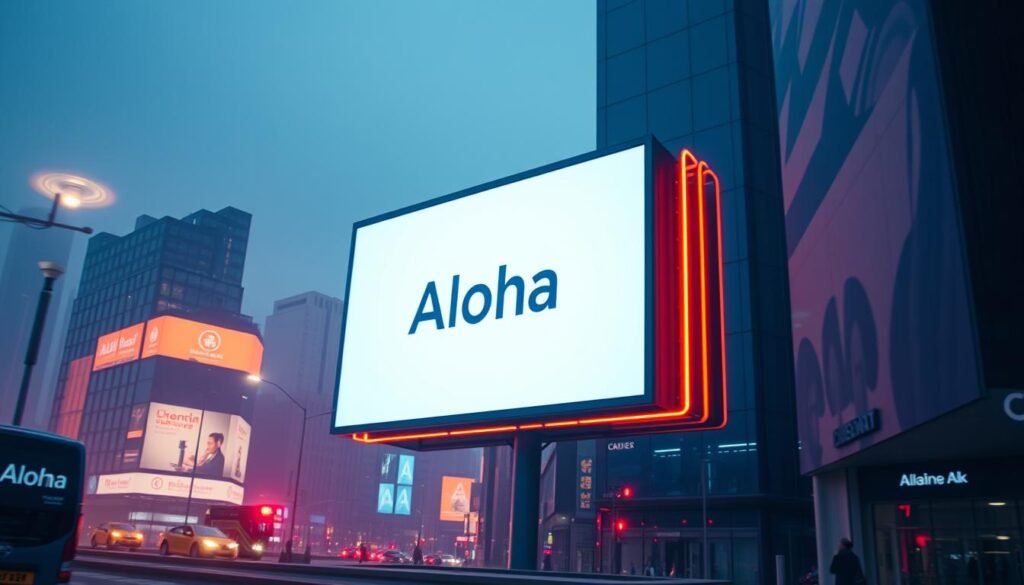 A modern, high-tech advertisement display showcasing the latest innovations in digital signage technology. The Aloha brand name is prominently featured on a sleek, minimalist digital billboard, surrounded by a futuristic urban landscape. Crisp, vibrant LED lighting illuminates the display, casting dramatic shadows and highlights. The scene has a clean, sophisticated aesthetic, with a subtle sense of movement and dynamism conveyed through carefully composed angles and dynamic camera framing. The overall atmosphere is one of technological advancement, innovation, and the transformative power of digital advertising solutions. A modern, high-tech advertisement display showcasing the latest innovations in digital signage technology. The Aloha brand name is prominently featured on a sleek, minimalist digital billboard, surrounded by a futuristic urban landscape. Crisp, vibrant LED lighting illuminates the display, casting dramatic shadows and highlights. The scene has a clean, sophisticated aesthetic, with a subtle sense of movement and dynamism conveyed through carefully composed angles and dynamic camera framing. The overall atmosphere is one of technological advancement, innovation, and the transformative power of digital advertising solutions.
