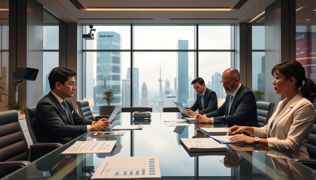 A modern, well-appointed office interior with sleek furniture and floor-to-ceiling windows overlooking a vibrant cityscape. In the foreground, a group of Glowin Beaute executives review compliance documents and financial reports on a large glass-topped conference table, their expressions indicating a serious yet measured discussion. The middle ground features high-tech monitoring equipment and security systems, suggesting a robust framework for regulatory oversight. The background showcases the bustling city skyline, with the Glowin Beaute logo prominently displayed on the building facade, conveying a sense of authority and legitimacy. The lighting is warm and professional, creating a mood of diligence and transparency. A modern, well-appointed office interior with sleek furniture and floor-to-ceiling windows overlooking a vibrant cityscape. In the foreground, a group of Glowin Beaute executives review compliance documents and financial reports on a large glass-topped conference table, their expressions indicating a serious yet measured discussion. The middle ground features high-tech monitoring equipment and security systems, suggesting a robust framework for regulatory oversight. The background showcases the bustling city skyline, with the Glowin Beaute logo prominently displayed on the building facade, conveying a sense of authority and legitimacy. The lighting is warm and professional, creating a mood of diligence and transparency.
