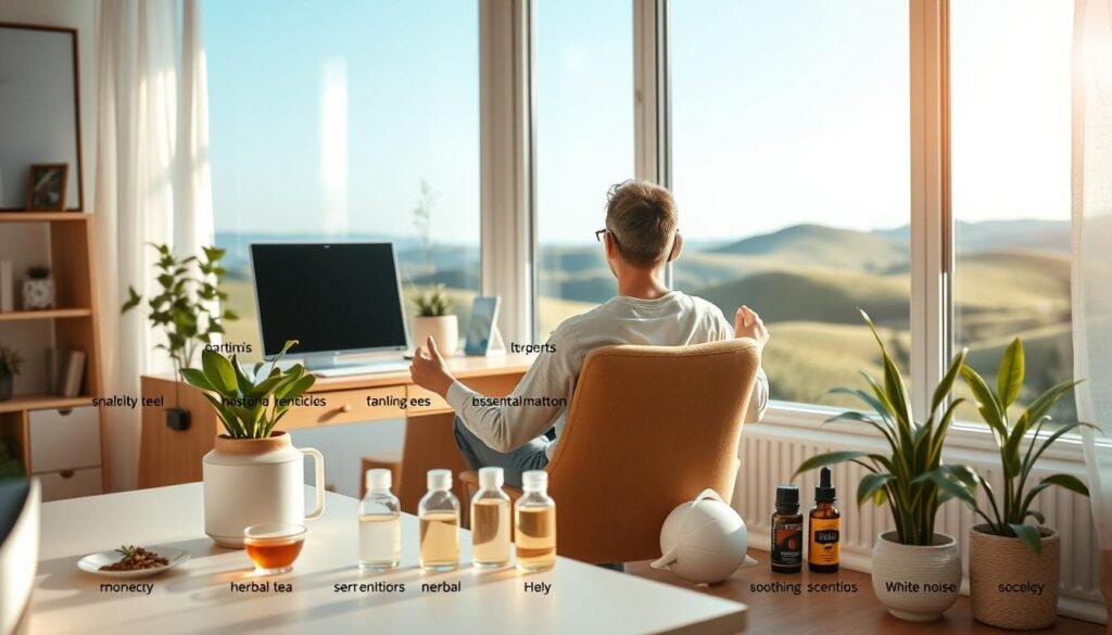A serene home office with a desk, potted plant, and soft natural lighting. In the foreground, a person sits in a comfortable chair, wearing noise-cancelling headphones and meditating, finding relief from tinnitus. The middle ground features an array of natural remedies and relaxation techniques, such as herbal teas, essential oils, and a soothing white noise machine. The background showcases a calming landscape with rolling hills and a clear blue sky, conveying a sense of tranquility and well-being. The scene is captured with a warm, cinematic lens, creating a peaceful, rejuvenating atmosphere. A serene home office with a desk, potted plant, and soft natural lighting. In the foreground, a person sits in a comfortable chair, wearing noise-cancelling headphones and meditating, finding relief from tinnitus. The middle ground features an array of natural remedies and relaxation techniques, such as herbal teas, essential oils, and a soothing white noise machine. The background showcases a calming landscape with rolling hills and a clear blue sky, conveying a sense of tranquility and well-being. The scene is captured with a warm, cinematic lens, creating a peaceful, rejuvenating atmosphere.