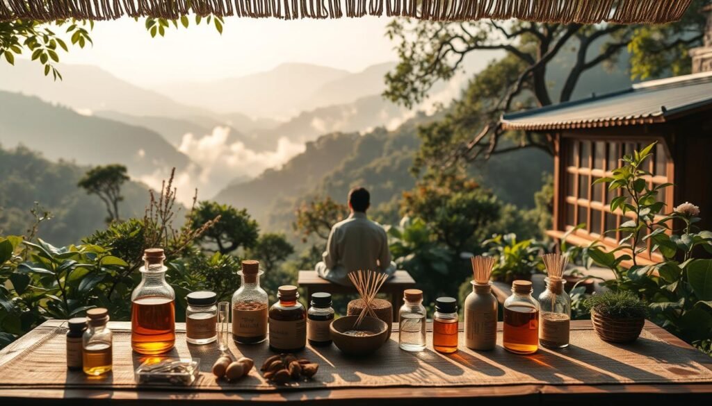 A serene landscape with a traditional Chinese medicine clinic nestled amidst lush foliage. In the foreground, a table displays an array of herbal remedies, tinctures, and acupuncture needles. The middle ground features a patient sitting calmly, receiving a treatment from a practitioner using a combination of Eastern and Western techniques. The background depicts a tranquil mountain scene, with wisps of mist drifting through the valleys. The lighting is soft and warm, conveying a sense of healing and balance. The overall mood is one of harmony, where ancient wisdom and modern science converge to address the challenges of inner ear imbalance.