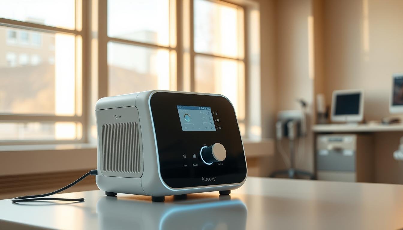 A sleek, modern iCareCPAP machine designed for medical use, sitting on a clean, minimalist desk in a well-lit hospital room. The device features a streamlined body with intuitive controls and a clear display panel, emitting a soft glow. The room is bathed in warm, natural lighting filtering through large windows, creating a calm and professional atmosphere. The machine is positioned prominently, showcasing its advanced technology and medical-grade functionality, ready to provide effective respiratory support to patients.