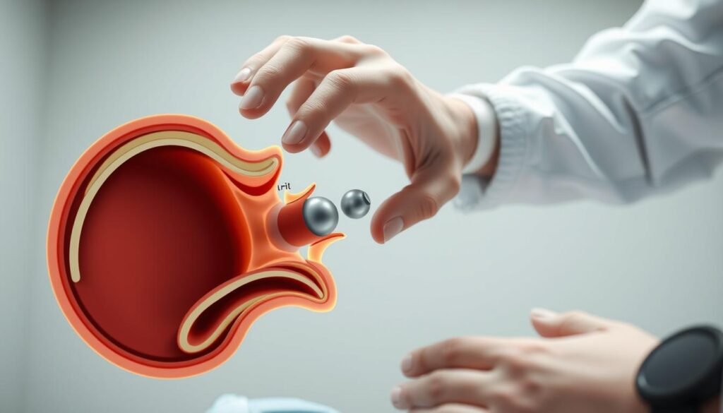 A well-lit, highly detailed medical illustration depicting the process of otolith repositioning therapy for treating benign paroxysmal positional vertigo (BPPV). The foreground shows a cross-section of the inner ear, with the utricle and saccule clearly visible. The middle ground features a physician's hand gently manipulating the patient's head, guiding the displaced otoconia back into their proper position within the labyrinth. The background is a neutral, clean medical setting, allowing the viewer to focus on the intricate anatomical details and the delicate therapeutic procedure. The overall mood is one of precision, care, and the restoration of balance and wellbeing. A well-lit, highly detailed medical illustration depicting the process of otolith repositioning therapy for treating benign paroxysmal positional vertigo (BPPV). The foreground shows a cross-section of the inner ear, with the utricle and saccule clearly visible. The middle ground features a physician's hand gently manipulating the patient's head, guiding the displaced otoconia back into their proper position within the labyrinth. The background is a neutral, clean medical setting, allowing the viewer to focus on the intricate anatomical details and the delicate therapeutic procedure. The overall mood is one of precision, care, and the restoration of balance and wellbeing.
