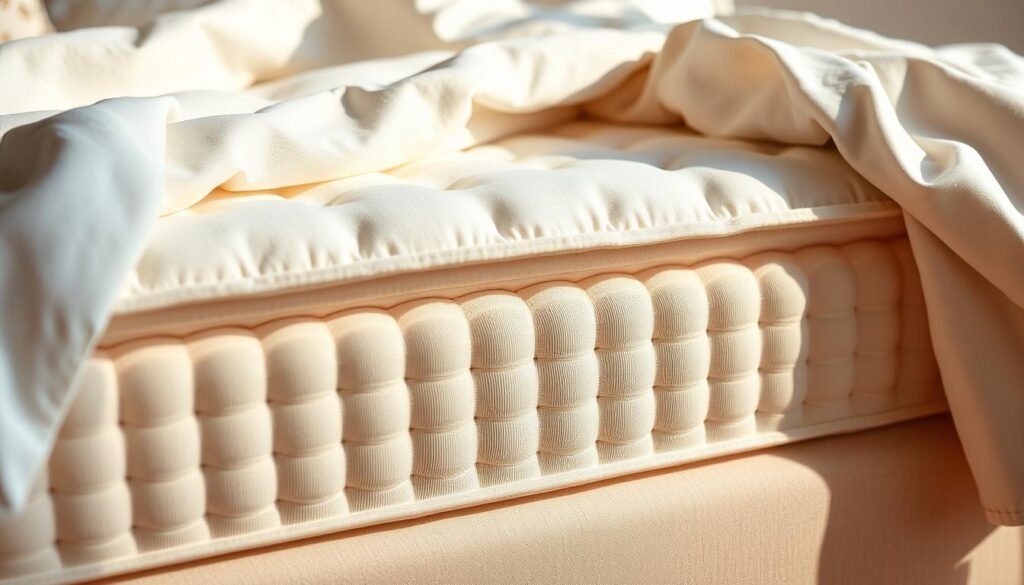 Detailed close-up view of a high-quality StylesMaven independent pocket spring mattress, showcasing the intricate internal construction with individually encased coils. Soft, plush white bedding material draped over the mattress, highlighting the supportive yet breathable nature of the design. Warm, natural lighting casts gentle shadows, emphasizing the mattress's depth and luxurious feel. A serene, calming atmosphere with a focus on the mattress's durability and longevity for a peaceful night's sleep. Detailed close-up view of a high-quality StylesMaven independent pocket spring mattress, showcasing the intricate internal construction with individually encased coils. Soft, plush white bedding material draped over the mattress, highlighting the supportive yet breathable nature of the design. Warm, natural lighting casts gentle shadows, emphasizing the mattress's depth and luxurious feel. A serene, calming atmosphere with a focus on the mattress's durability and longevity for a peaceful night's sleep.