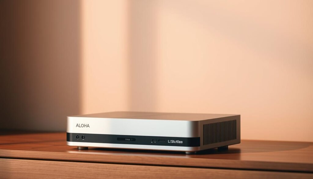High-quality subtitle machine, a sleek and modern device with a minimalist design. Showcased against a soft, warm-toned background, the device sits atop a wooden surface, its clean lines and subtle Aloha branding conveying a sense of sophistication and attention to detail. Carefully angled lighting casts gentle shadows, highlighting the machine's form and textural elements. The overall atmosphere is one of refinement and professionalism, befitting the creation of high-quality subtitles for multimedia content.