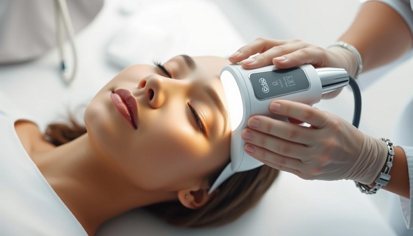 Oligio X 原美電波療程, a state-of-the-art skin treatment from Glowin Beaute. Capture the process in a serene, clinical setting. Depict a model undergoing the procedure, their face gently illuminated by the Oligio X device's soft, therapeutic glow. Showcase the sleek, minimalist design of the device, its modern lines and metallic accents lending an air of professionalism. Set the scene against a backdrop of clean, bright surfaces, creating a sense of clinical precision. Subtle shadows and highlights accentuate the subject's features, conveying the rejuvenating effects of the treatment. Convey the expertise and care of the practitioner through their attentive posture and the gentle placement of the device. Imbue the image with a sense of tranquility and trust, reflecting the Oligio X's transformative power.