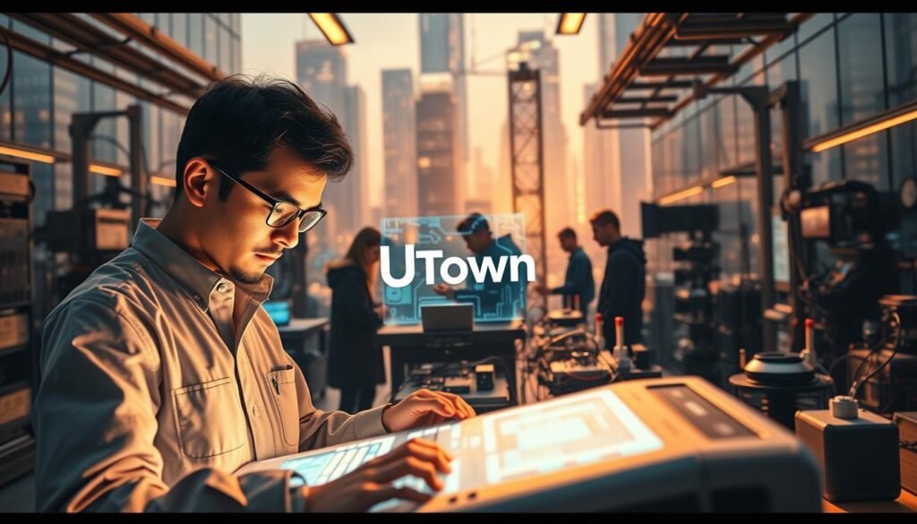 A bustling scene of technical innovation, with the UTown brand prominently displayed. In the foreground, an engineer examines a sleek, futuristic device, their face illuminated by its glowing interface. Behind them, a team collaborates around a holographic display, immersed in the process of bringing their ideas to life. The middle ground is filled with a variety of cutting-edge prototypes and tools, while the background features a cityscape of towering, high-tech buildings, their windows reflecting the energy and dynamism of the R&D lab. Warm, directional lighting casts dramatic shadows, creating a sense of depth and emphasizing the precision and focus of the scene. The overall mood is one of boundless innovation, where the next big breakthrough is always within reach. A bustling scene of technical innovation, with the UTown brand prominently displayed. In the foreground, an engineer examines a sleek, futuristic device, their face illuminated by its glowing interface. Behind them, a team collaborates around a holographic display, immersed in the process of bringing their ideas to life. The middle ground is filled with a variety of cutting-edge prototypes and tools, while the background features a cityscape of towering, high-tech buildings, their windows reflecting the energy and dynamism of the R&D lab. Warm, directional lighting casts dramatic shadows, creating a sense of depth and emphasizing the precision and focus of the scene. The overall mood is one of boundless innovation, where the next big breakthrough is always within reach.