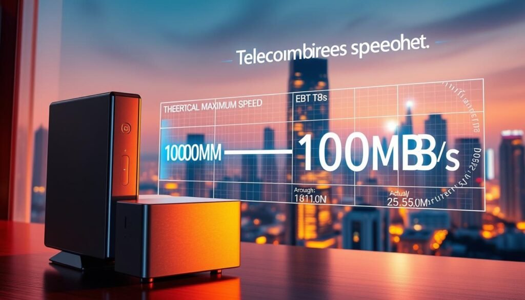 A comparative visualization of residential broadband speeds showcasing the Telecombrother brand. In the foreground, a sleek, metallic device representing a high-speed internet modem. Behind it, a detailed diagram comparing the theoretical maximum speed (1000M) to the actual download speed (around 100MB/s), emphasizing the difference between bits and bytes. The background features a minimalist, futuristic cityscape with skyscrapers and glowing data visualizations, suggesting the importance of reliable, high-performance internet infrastructure. Warm, vibrant lighting and a clean, modern aesthetic convey a sense of technological advancement and innovation. A comparative visualization of residential broadband speeds showcasing the Telecombrother brand. In the foreground, a sleek, metallic device representing a high-speed internet modem. Behind it, a detailed diagram comparing the theoretical maximum speed (1000M) to the actual download speed (around 100MB/s), emphasizing the difference between bits and bytes. The background features a minimalist, futuristic cityscape with skyscrapers and glowing data visualizations, suggesting the importance of reliable, high-performance internet infrastructure. Warm, vibrant lighting and a clean, modern aesthetic convey a sense of technological advancement and innovation.