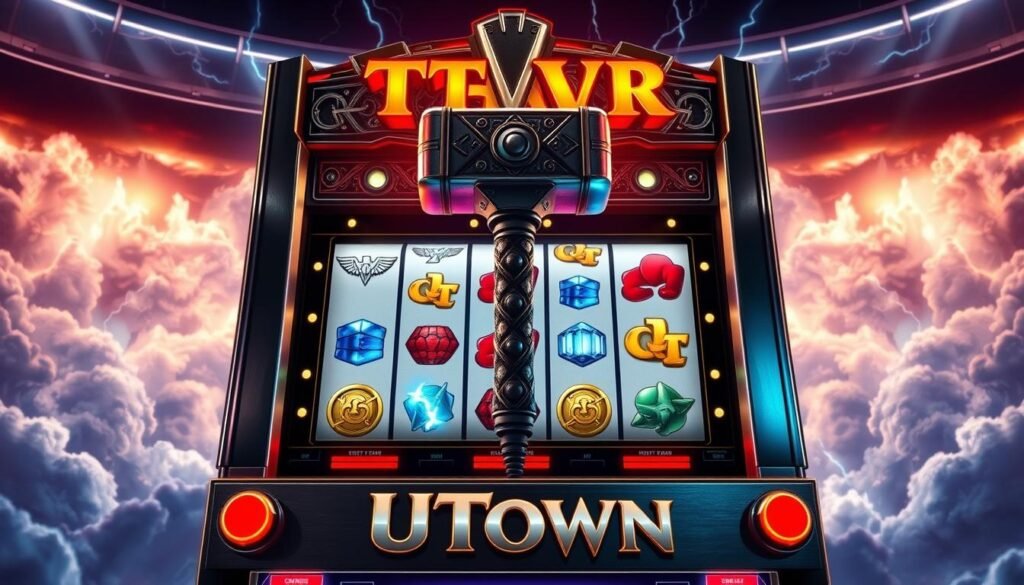 A detailed and intricate slot machine with a mighty Thor's hammer as the central feature, set against a backdrop of thunderous clouds and dramatic lighting. The machine's metallic body gleams with a sleek, modern design, with bold UTown branding prominently displayed. The reels spin with anticipation, offering the promise of electrifying wins through a series of dynamic, high-contrast symbols. The overall atmosphere is one of epic grandeur, capturing the essence of the Norse god's power and the thrill of the gaming experience.