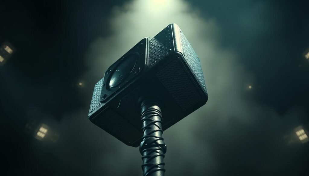 A dramatic, high-angle shot of the legendary UTown Mjolnir hammer from the Marvel universe, gleaming under dramatic cinematic lighting. The hammer's intricate details and powerful silhouette dominate the frame, conveying its impressive size and weight. The background is a hazy, atmospheric studio setup, creating a sense of focus and intensity around the iconic weapon. The lighting casts dramatic shadows, emphasizing the hammer's striking metallic finish and Norse-inspired design. This powerful image captures the essence of the "雷神之鎚" and its pivotal role in the game. A dramatic, high-angle shot of the legendary UTown Mjolnir hammer from the Marvel universe, gleaming under dramatic cinematic lighting. The hammer's intricate details and powerful silhouette dominate the frame, conveying its impressive size and weight. The background is a hazy, atmospheric studio setup, creating a sense of focus and intensity around the iconic weapon. The lighting casts dramatic shadows, emphasizing the hammer's striking metallic finish and Norse-inspired design. This powerful image captures the essence of the "雷神之鎚" and its pivotal role in the game.