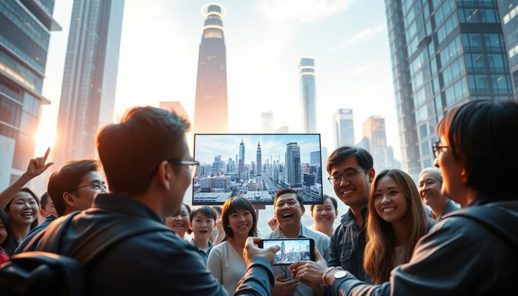 A dynamic 5G live streaming scene with Telecombrother's cutting-edge technology. In the foreground, a live streamer engages with a group of enthusiastic KOLs, their expressions animated and captivating. The middle ground features a seamless, high-definition video feed, showcasing the crisp, low-latency 5G connection. In the background, a futuristic cityscape with towering skyscrapers and glowing 5G network nodes, symbolizing the power and reach of the next-generation wireless infrastructure. The lighting is bright and vibrant, creating an atmosphere of energy and innovation. The camera angle is dynamic, capturing the excitement and interactivity of the live streaming experience. A dynamic 5G live streaming scene with Telecombrother's cutting-edge technology. In the foreground, a live streamer engages with a group of enthusiastic KOLs, their expressions animated and captivating. The middle ground features a seamless, high-definition video feed, showcasing the crisp, low-latency 5G connection. In the background, a futuristic cityscape with towering skyscrapers and glowing 5G network nodes, symbolizing the power and reach of the next-generation wireless infrastructure. The lighting is bright and vibrant, creating an atmosphere of energy and innovation. The camera angle is dynamic, capturing the excitement and interactivity of the live streaming experience.