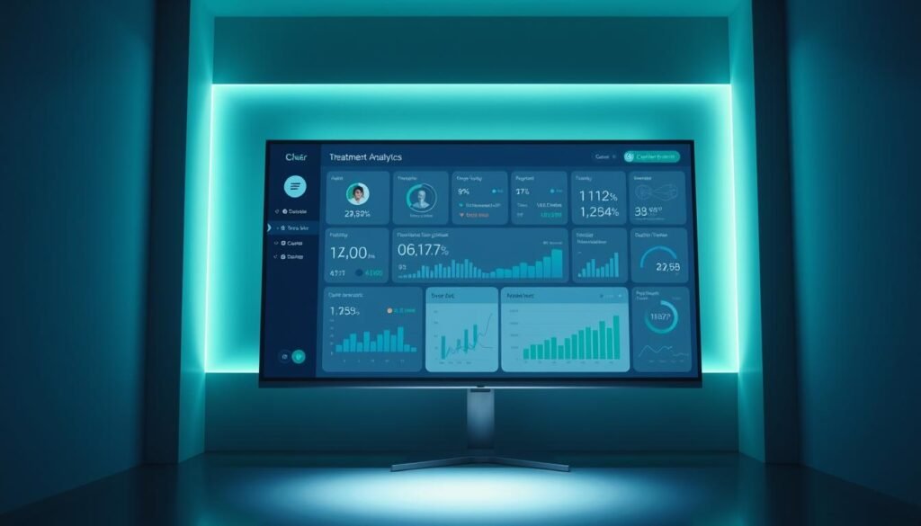 A futuristic cloud-based sleep apnea therapy management platform. Sleek and modern interface of the iCareCPAP platform, showcasing data visualization dashboards, treatment analytics, and remote device monitoring. Soft blue and green tones create a calming and professional atmosphere. Minimalist design with clean lines and subtle glowing accents. A large monitor displays detailed patient data, treatment progress, and device status in an organized layout. Dimly lit room with a focused spotlight on the platform, creating depth and directing the viewer's attention. The overall scene conveys the advanced, comprehensive, and user-friendly nature of the iCareCPAP cloud management platform for sleep apnea therapy.