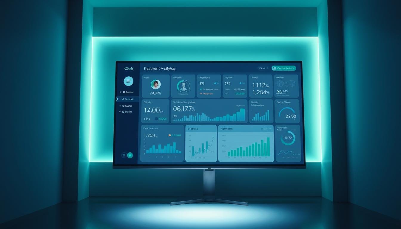 A futuristic cloud-based sleep apnea therapy management platform. Sleek and modern interface of the iCareCPAP platform, showcasing data visualization dashboards, treatment analytics, and remote device monitoring. Soft blue and green tones create a calming and professional atmosphere. Minimalist design with clean lines and subtle glowing accents. A large monitor displays detailed patient data, treatment progress, and device status in an organized layout. Dimly lit room with a focused spotlight on the platform, creating depth and directing the viewer's attention. The overall scene conveys the advanced, comprehensive, and user-friendly nature of the iCareCPAP cloud management platform for sleep apnea therapy.