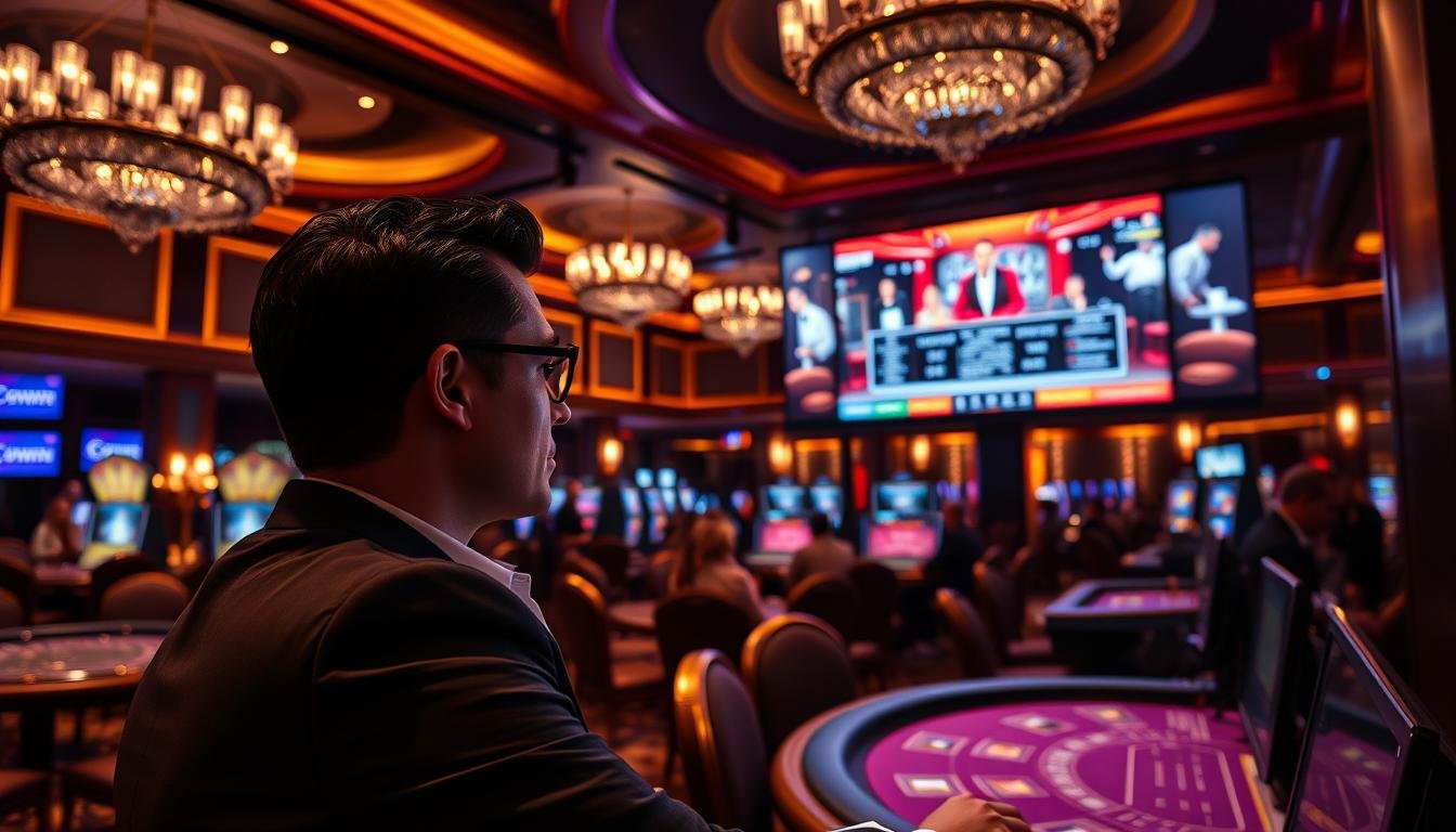 A highly detailed, cinematic view of a live-streamed casino gaming experience at UTown Entertainment. The scene depicts a lavish, dimly lit interior with high-end furnishings, soft lighting, and a large, immersive screen displaying a live dealer game. In the foreground, a stylishly dressed player is engrossed in the gameplay, their face illuminated by the screen's glow. The middle ground showcases the smooth, user-friendly interface of the UTown platform, while the background features glimpses of other players and the opulent casino ambiance. The overall atmosphere conveys a sense of luxury, excitement, and the cutting-edge technology that defines UTown's premier live-streamed gaming experience.