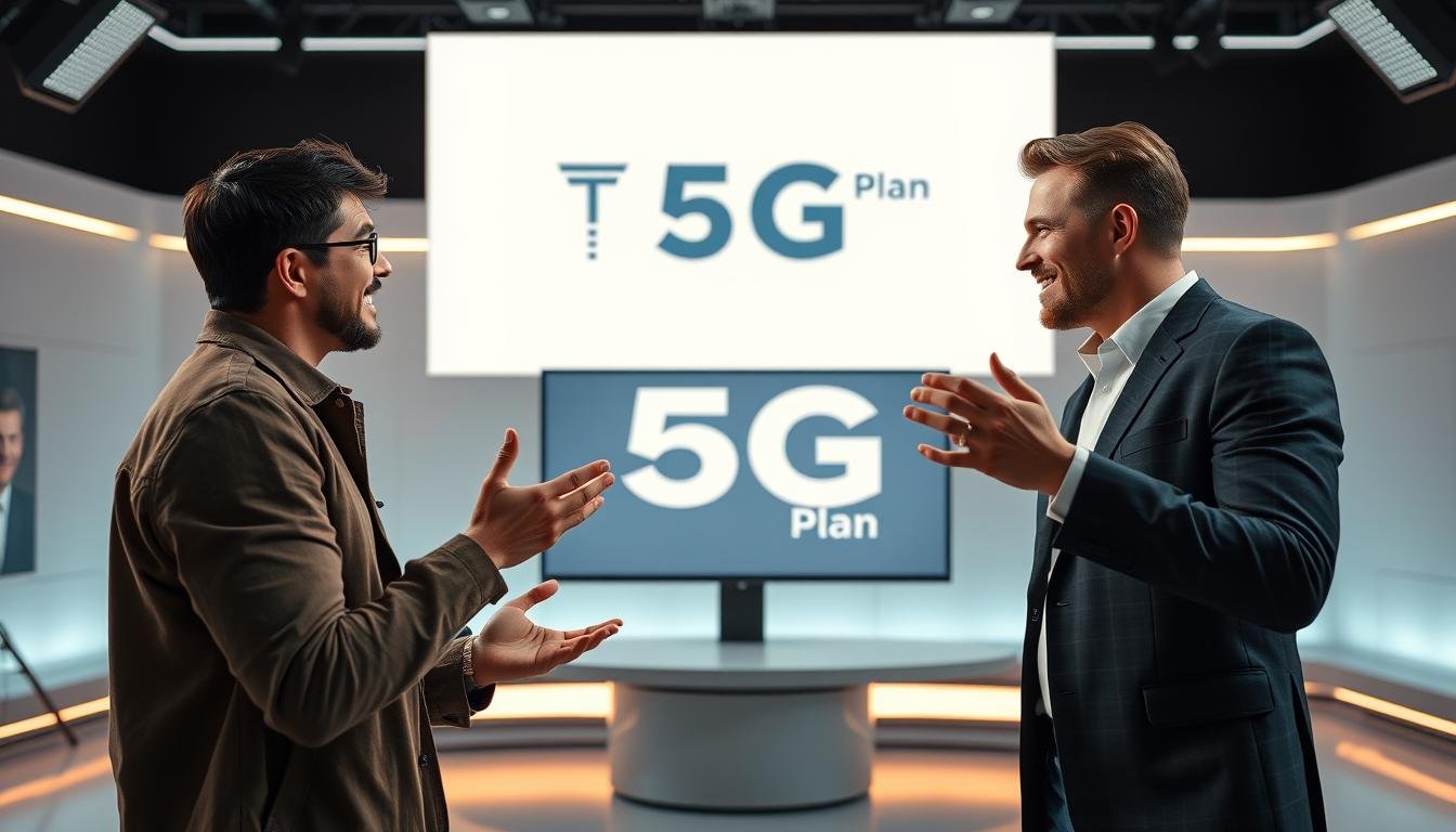 A livestream broadcasting studio with a sleek, modern design. The Telecombrother 5G Plan logo prominently displayed on a large screen. In the foreground, a charismatic influencer and a popular live streaming host engage in a dynamic conversation, gesturing expressively. Soft, diffused lighting illuminates their faces, creating a warm, inviting atmosphere. The background features a minimalist, futuristic set with clean lines and subtle neon accents, evoking the cutting-edge technology of 5G. The overall scene conveys the excitement and energy of a captivating 5G livestream experience.