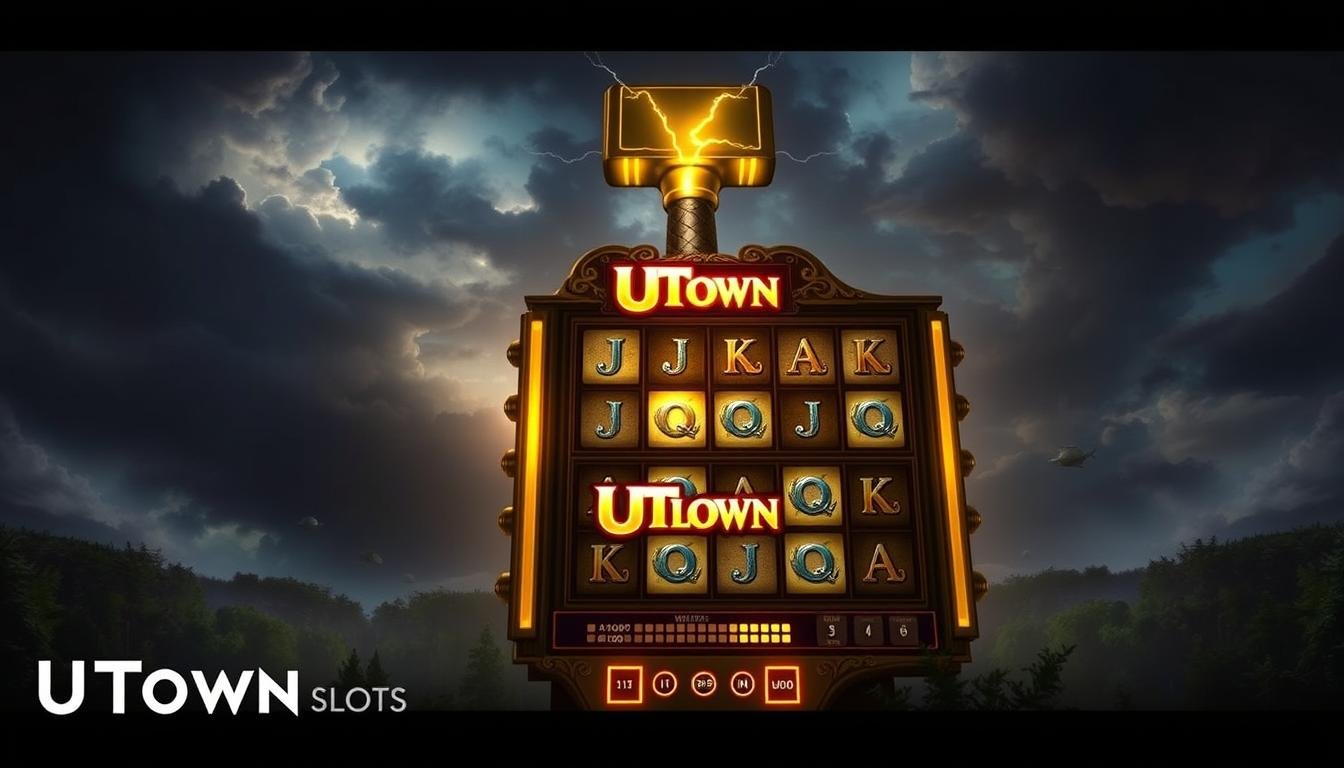 A massive, ornate slot machine with a towering gold hammer adorned with lightning bolts, set against a backdrop of a cloudy, dramatic sky. The machine is emblazoned with the UTown logo, its reels and buttons glowing with an otherworldly energy. The foreground is illuminated by dramatic chiaroscuro lighting, casting deep shadows and highlights that accentuate the machine's intricate details. The middle ground features a lush, verdant forest, hinting at the machine's primal, elemental power. In the distance, stormy clouds gather, adding to the sense of anticipation and excitement. The overall mood is one of epic, mythological grandeur, inviting the viewer to partake in the thrill of the &quot;Mjolnir Slots&quot; experience.