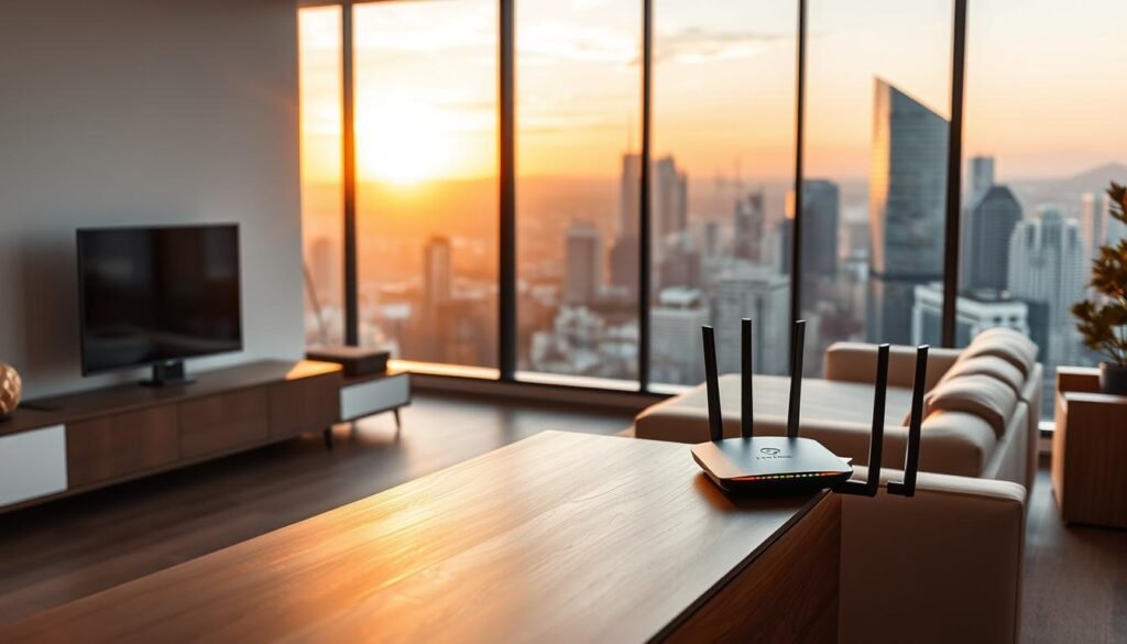 A modern, minimalist living room with a prominent display of a high-speed internet router from the brand "Telecombrother". The router stands on a sleek, wooden media console, casting a soft, ambient glow. Behind it, a large, floor-to-ceiling window offers a panoramic view of a bustling city skyline, bathed in the warm tones of the setting sun. The room is adorned with contemporary, Scandinavian-inspired furniture, creating a harmonious and inviting atmosphere. The lighting is subtle, yet accentuates the clean lines and textures of the space, capturing the essence of reliable, high-speed home internet connectivity. A modern, minimalist living room with a prominent display of a high-speed internet router from the brand "Telecombrother". The router stands on a sleek, wooden media console, casting a soft, ambient glow. Behind it, a large, floor-to-ceiling window offers a panoramic view of a bustling city skyline, bathed in the warm tones of the setting sun. The room is adorned with contemporary, Scandinavian-inspired furniture, creating a harmonious and inviting atmosphere. The lighting is subtle, yet accentuates the clean lines and textures of the space, capturing the essence of reliable, high-speed home internet connectivity.