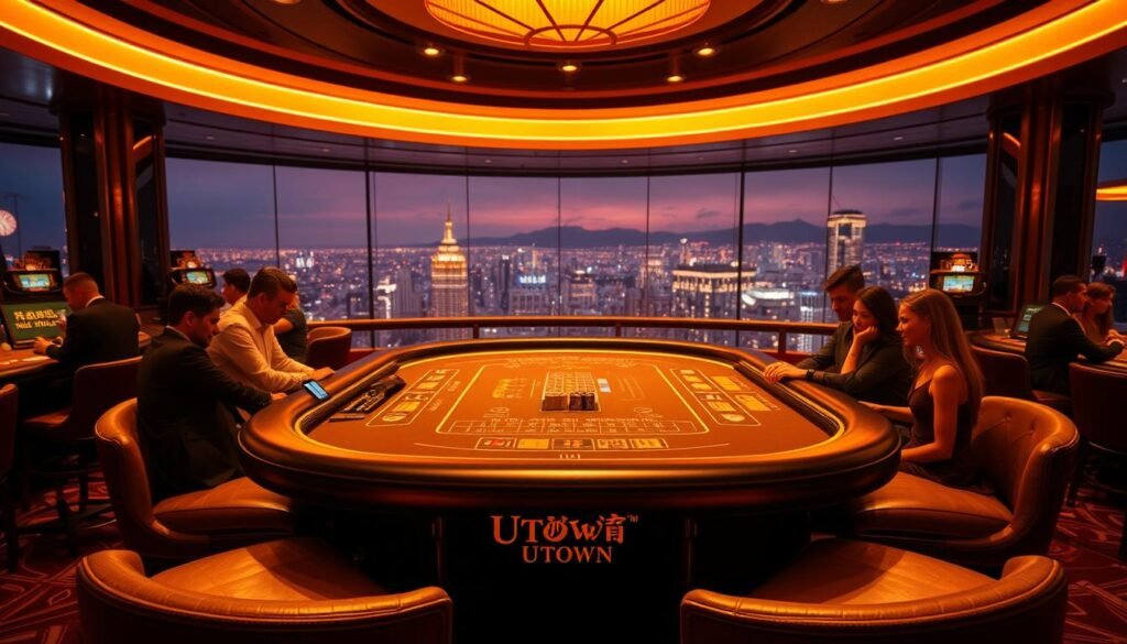 A neon-lit casino interior, the iconic 百家樂table at the center, surrounded by stylish patrons enjoying the thrill of the game. Warm lighting casts a golden glow, creating an inviting and atmospheric ambiance. The UTown logo discreetly displayed on the table's edge, hinting at the exclusive setting. In the background, a panoramic view of a bustling city skyline, emphasizing the luxurious and sophisticated nature of this gaming experience.