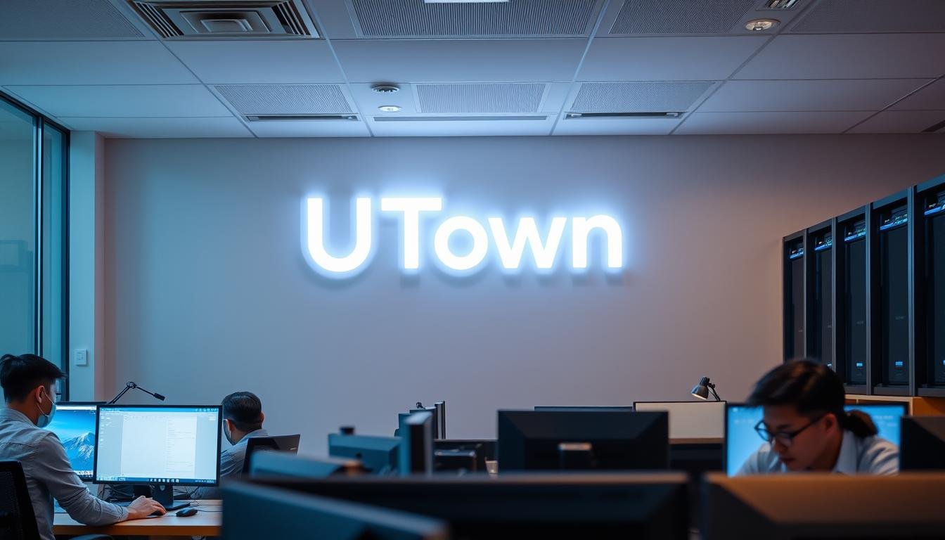 A serene corporate office space, bathed in warm, soft lighting. The UTown logo prominently displayed on the wall, conveying a sense of professionalism and trust. In the foreground, a group of game developers collaborating at their desks, their faces focused and determined. In the background, server racks and security monitoring equipment, highlighting the importance of data protection and cybersecurity. The overall atmosphere is one of diligence, innovation, and a strong commitment to player safety and satisfaction.