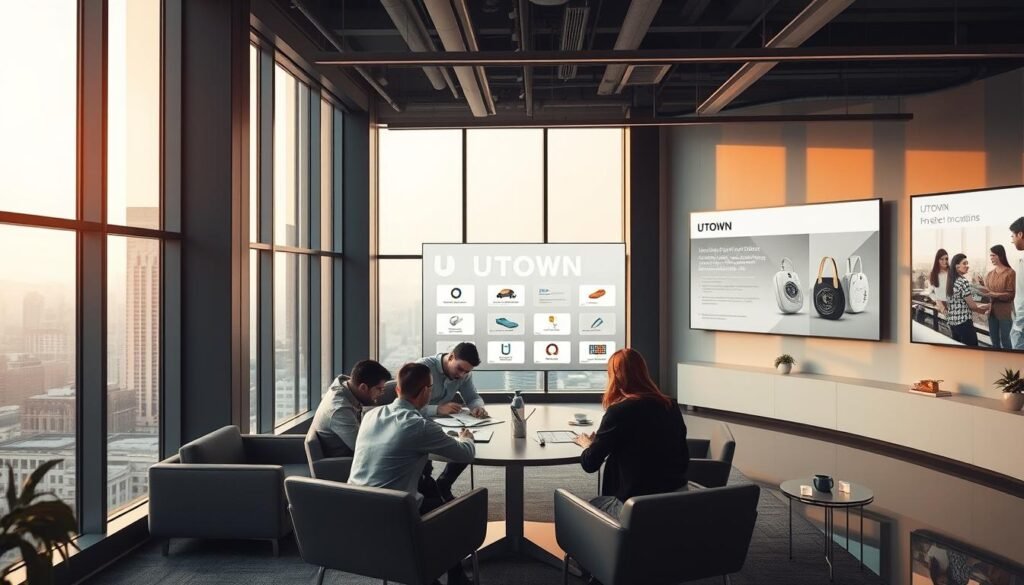 A serene office space with large windows overlooking a bustling city skyline. Warm, diffused lighting filters through the glass, casting a soft glow on the sleek, minimalist furniture and clean-lined decor of the UTown brand headquarters. In the foreground, a team of designers huddle around a table, sketching and collaborating on new product concepts. The middle ground features a display showcasing the evolution of the UTown brand identity, from its humble beginnings to its current market-leading position. In the background, a wall-mounted display highlights the company's core values and commitment to innovation. The overall atmosphere conveys a sense of professionalism, creativity, and forward-thinking. A serene office space with large windows overlooking a bustling city skyline. Warm, diffused lighting filters through the glass, casting a soft glow on the sleek, minimalist furniture and clean-lined decor of the UTown brand headquarters. In the foreground, a team of designers huddle around a table, sketching and collaborating on new product concepts. The middle ground features a display showcasing the evolution of the UTown brand identity, from its humble beginnings to its current market-leading position. In the background, a wall-mounted display highlights the company's core values and commitment to innovation. The overall atmosphere conveys a sense of professionalism, creativity, and forward-thinking.