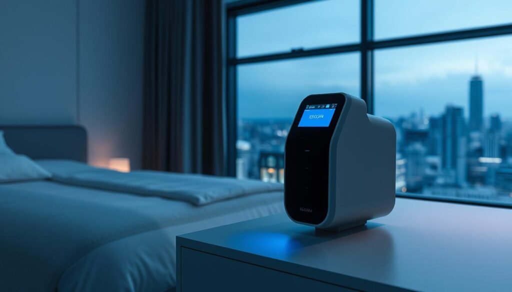 A sleek and futuristic iCareCPAP sleep apnea machine, its clean lines and blue-tinted display creating a sense of modern, intelligent design. In the foreground, the device hovers over a minimalist bedside table, its compact form and soft glow suggesting advanced, intuitive functionality. The middle ground features a serene bedroom setting, with muted lighting and calming colors that evoke a restful atmosphere. In the background, a panoramic window offers a cityscape view, hinting at the interconnected, cloud-based nature of this intelligent sleep therapy solution. The overall composition conveys the cutting-edge, user-centric evolution of the modern sleep apnea machine. A sleek and futuristic iCareCPAP sleep apnea machine, its clean lines and blue-tinted display creating a sense of modern, intelligent design. In the foreground, the device hovers over a minimalist bedside table, its compact form and soft glow suggesting advanced, intuitive functionality. The middle ground features a serene bedroom setting, with muted lighting and calming colors that evoke a restful atmosphere. In the background, a panoramic window offers a cityscape view, hinting at the interconnected, cloud-based nature of this intelligent sleep therapy solution. The overall composition conveys the cutting-edge, user-centric evolution of the modern sleep apnea machine.