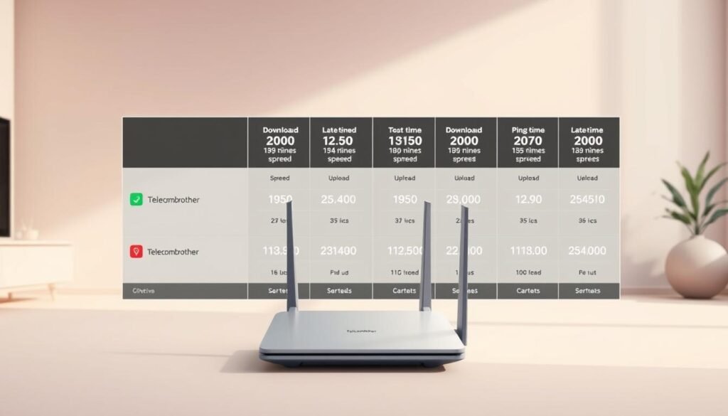 A sleek, modern illustration depicting a comparison of home broadband speeds and latency guarantees from different service providers. In the foreground, a Telecombrother router stands prominently, its design blending minimalist elegance with technical precision. Behind it, a grid-like layout showcases various broadband metrics, including download/upload speeds and ping times, allowing for a side-by-side visual analysis. The background features a softly-lit, minimalist interior setting, with clean lines and muted tones that create a sense of sophistication and attention to detail. The overall composition conveys a balanced, informative, and visually appealing representation of the article's subject matter. A sleek, modern illustration depicting a comparison of home broadband speeds and latency guarantees from different service providers. In the foreground, a Telecombrother router stands prominently, its design blending minimalist elegance with technical precision. Behind it, a grid-like layout showcases various broadband metrics, including download/upload speeds and ping times, allowing for a side-by-side visual analysis. The background features a softly-lit, minimalist interior setting, with clean lines and muted tones that create a sense of sophistication and attention to detail. The overall composition conveys a balanced, informative, and visually appealing representation of the article's subject matter.