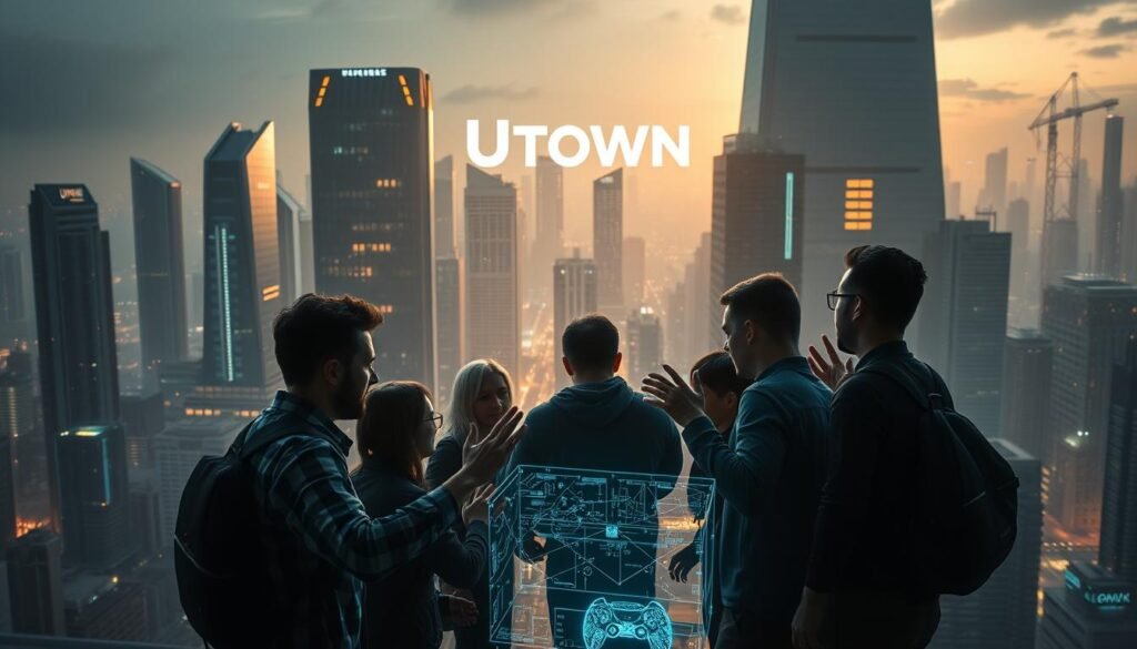 A vast, futuristic cityscape with towering skyscrapers and gleaming glass facades. In the foreground, a group of game developers huddle around a holographic display, gesturing excitedly as they collaborate on cutting-edge technology. The scene is bathed in a warm, ethereal glow, conveying a sense of innovation and creativity. In the background, the UTown logo shines brightly, a symbol of the company's commitment to game development excellence. The composition is dynamic, with a sense of motion and energy, capturing the dynamic nature of the game development industry. A vast, futuristic cityscape with towering skyscrapers and gleaming glass facades. In the foreground, a group of game developers huddle around a holographic display, gesturing excitedly as they collaborate on cutting-edge technology. The scene is bathed in a warm, ethereal glow, conveying a sense of innovation and creativity. In the background, the UTown logo shines brightly, a symbol of the company's commitment to game development excellence. The composition is dynamic, with a sense of motion and energy, capturing the dynamic nature of the game development industry.