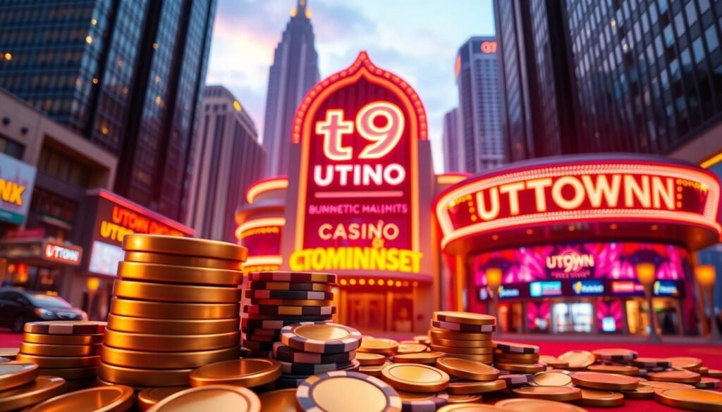 A vibrant and dynamic scene showcasing the diverse array of t9 trial bonuses. In the foreground, a stack of gold coins and casino chips, illuminated by warm, golden lighting. In the middle ground, a sleek, modern UTown casino facade, its neon signs casting a captivating glow. The background features a cityscape of towering skyscrapers, reflecting the urban energy and excitement of the t9 gaming experience. The overall atmosphere is one of affluence, excitement, and the promise of lucrative rewards for players.