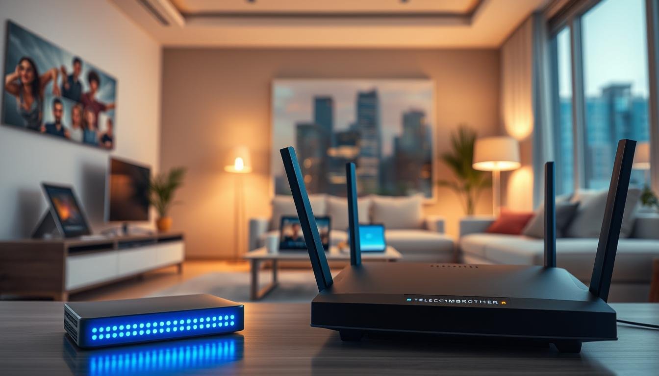 A vibrant and technologically advanced home interior showcasing a comparison of high-speed broadband providers. In the foreground, a sleek and modern living room features a Telecombrother router, its blue indicator lights pulsing with the reliability of its "speed guarantee" and "low latency promise". In the middle ground, multiple devices - laptops, tablets, and smartphones - are seamlessly connected, demonstrating the network's robust bandwidth. The background depicts a cityscape, hinting at the urban connectivity that the broadband service promises to deliver. The lighting is warm and inviting, creating a sense of comfort and productivity in this tech-savvy domestic setting.