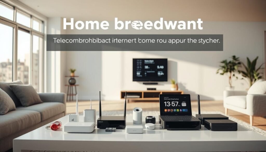 A well-lit interior scene showcasing the home broadband offerings from Telecombrother. In the foreground, a modern living room with minimalist furniture and large windows letting in natural light. In the middle ground, a coffee table displays various networking devices and smart home gadgets. The background features a wall-mounted TV displaying internet speed test results. The overall atmosphere conveys a sense of technological sophistication and seamless connectivity within the home environment. A well-lit interior scene showcasing the home broadband offerings from Telecombrother. In the foreground, a modern living room with minimalist furniture and large windows letting in natural light. In the middle ground, a coffee table displays various networking devices and smart home gadgets. The background features a wall-mounted TV displaying internet speed test results. The overall atmosphere conveys a sense of technological sophistication and seamless connectivity within the home environment.