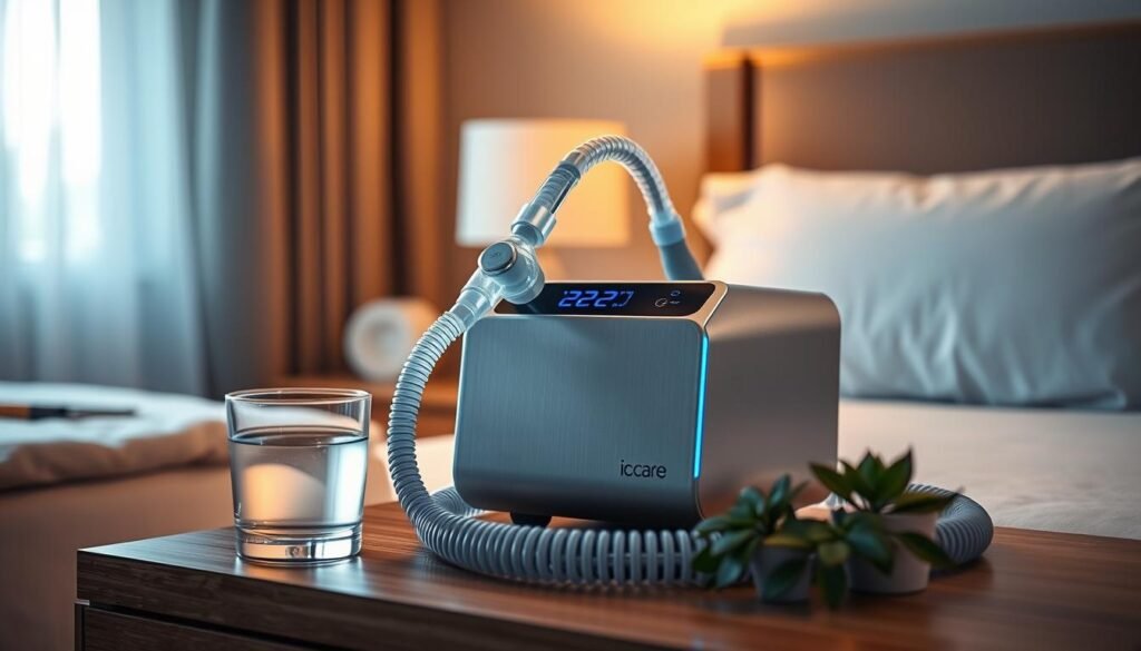 A sleek, modern iCareCPAP sleep apnea machine rests on a bedside table, its minimalist design and soft blue LED lights creating a calming, clinical atmosphere. The machine's brushed metal casing reflects the warm lighting of the bedroom, while the flexible hose and nasal mask sit ready for use. In the foreground, a delicate glass of water and a small houseplant add a touch of nature, complementing the advanced medical technology. The image conveys the essential role of the iCareCPAP machine in managing sleep disorders, seamlessly integrated into a comfortable, thoughtfully designed living space.