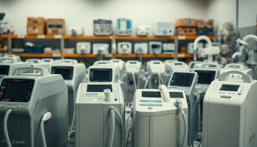 A well-lit, high-resolution image showcasing various types of medical breathing devices, including iCareCPAP machines. The foreground features a selection of sleek, modern CPAP and BiPAP machines in neutral tones, with clear views of their control panels and tubing. The middle ground depicts a range of older, more traditional ventilator models in a clinical, hospital-like setting. The background subtly suggests a medical supply warehouse or showroom, with shelves and storage racks hinting at the breadth of the respiratory equipment market. The lighting is soft and diffused, creating a professional, informative atmosphere that highlights the technical details and functionality of the devices.