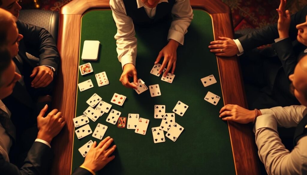 a detailed scene of a casino table with a baccarat game in progress, viewed from an overhead perspective. The table is made of fine polished wood, with green felt lining the surface. Playing cards are scattered across the table, some face-up, others face-down, illustrating the moment of decision-making in the baccarat draw phase. The dealer, wearing a crisp white shirt and black vest, is poised with a card in hand, ready to reveal the next card and complete the players' hands. The players around the table, dressed in formal attire, lean forward with a mixture of anticipation and focus, their expressions conveying the high stakes and tension of the game. Warm, golden lighting casts a sophisticated ambiance over the scene, while the background is slightly blurred, keeping the attention on the central action of the baccarat game. a detailed scene of a casino table with a baccarat game in progress, viewed from an overhead perspective. The table is made of fine polished wood, with green felt lining the surface. Playing cards are scattered across the table, some face-up, others face-down, illustrating the moment of decision-making in the baccarat draw phase. The dealer, wearing a crisp white shirt and black vest, is poised with a card in hand, ready to reveal the next card and complete the players' hands. The players around the table, dressed in formal attire, lean forward with a mixture of anticipation and focus, their expressions conveying the high stakes and tension of the game. Warm, golden lighting casts a sophisticated ambiance over the scene, while the background is slightly blurred, keeping the attention on the central action of the baccarat game.