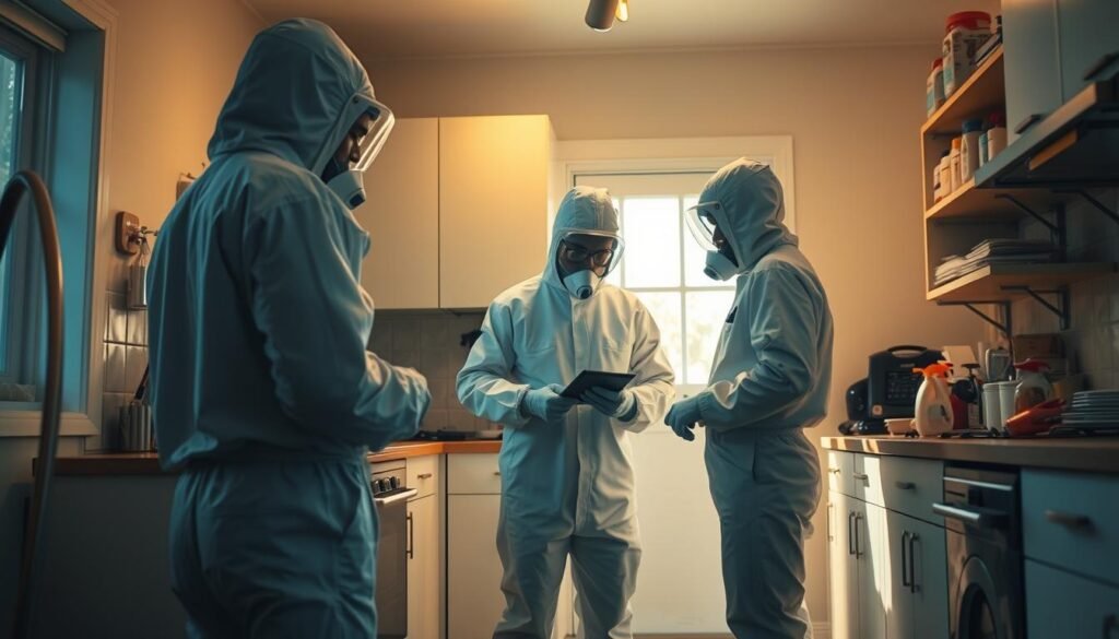 A professional iCareCPAP extermination service team in crisp, white hazmat suits meticulously inspects a residential kitchen, surveying the area for any signs of pests. Bright task lighting illuminates the scene, casting long shadows and highlighting the attention to detail. In the background, shelves of professional-grade insecticides and sprayers stand ready for comprehensive treatment. The mood is one of diligence and expertise, conveying the comprehensive pest control solutions offered by this specialized service.