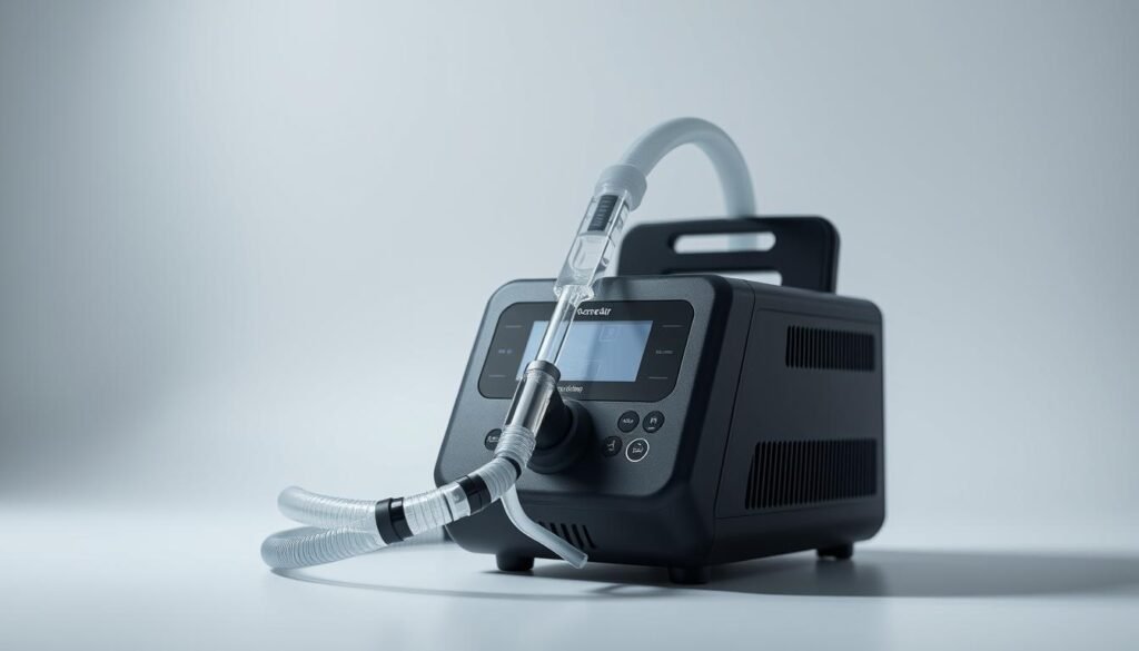 A detailed high-resolution image of a modern iCareCPAP sleep apnea breathing machine. Positioned in the center, the device is sleek and compact, with a matte black finish and a minimalist design. The front panel features a large digital display and intuitive controls. The tubing and mask are prominently visible, showcasing the machine's key components. Soft lighting from above creates a calm, clinical atmosphere, emphasizing the medical nature of the device. The background is clean and neutral, allowing the machine to be the focal point. The overall impression is one of advanced medical technology and reliable health care equipment.