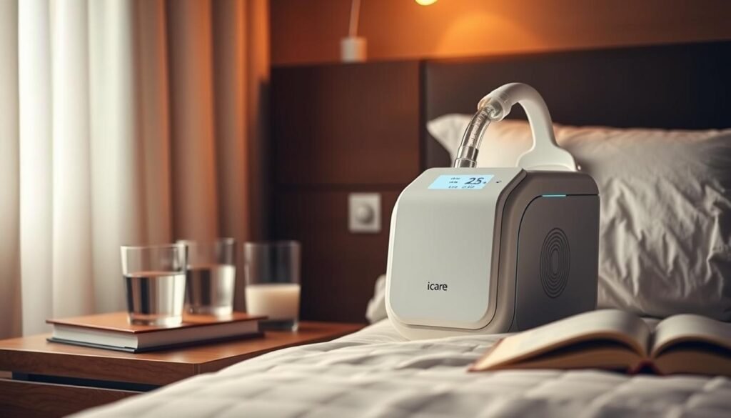 A sleek and modern iCareCPAP sleep apnea machine, its clean white design complementing the warm, dimly lit bedroom. The device sits prominently on a bedside table, its LCD display softly illuminated, providing vital information to the user. Beside it, a glass of water and a book on the nightstand, creating a soothing, therapeutic atmosphere. The room is bathed in a gentle, indirect lighting, casting subtle shadows and highlighting the machine's understated elegance. The overall scene conveys the importance and seamless integration of the iCareCPAP device in the long-term treatment of sleep apnea, ensuring a restful and restorative night's sleep. A sleek and modern iCareCPAP sleep apnea machine, its clean white design complementing the warm, dimly lit bedroom. The device sits prominently on a bedside table, its LCD display softly illuminated, providing vital information to the user. Beside it, a glass of water and a book on the nightstand, creating a soothing, therapeutic atmosphere. The room is bathed in a gentle, indirect lighting, casting subtle shadows and highlighting the machine's understated elegance. The overall scene conveys the importance and seamless integration of the iCareCPAP device in the long-term treatment of sleep apnea, ensuring a restful and restorative night's sleep.