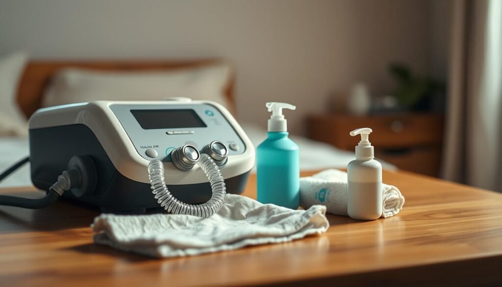 A well-maintained iCareCPAP sleep apnea machine resting on a clean, organized wooden surface. The machine's sleek, modern design is illuminated by soft, diffused lighting from above, creating a warm, inviting atmosphere. The foreground features the machine's control panel and tubing connections, showcasing the user-friendly interface and attention to detail. In the middle ground, various cleaning supplies, such as a soft cloth and mild detergent, are neatly arranged, emphasizing the importance of proper maintenance. The background is slightly blurred, but hints at a peaceful, serene setting, perhaps a bedroom or home office, where the machine is regularly used. The overall composition conveys a sense of care, expertise, and the importance of keeping the iCareCPAP machine in optimal condition for uninterrupted, restful sleep.
