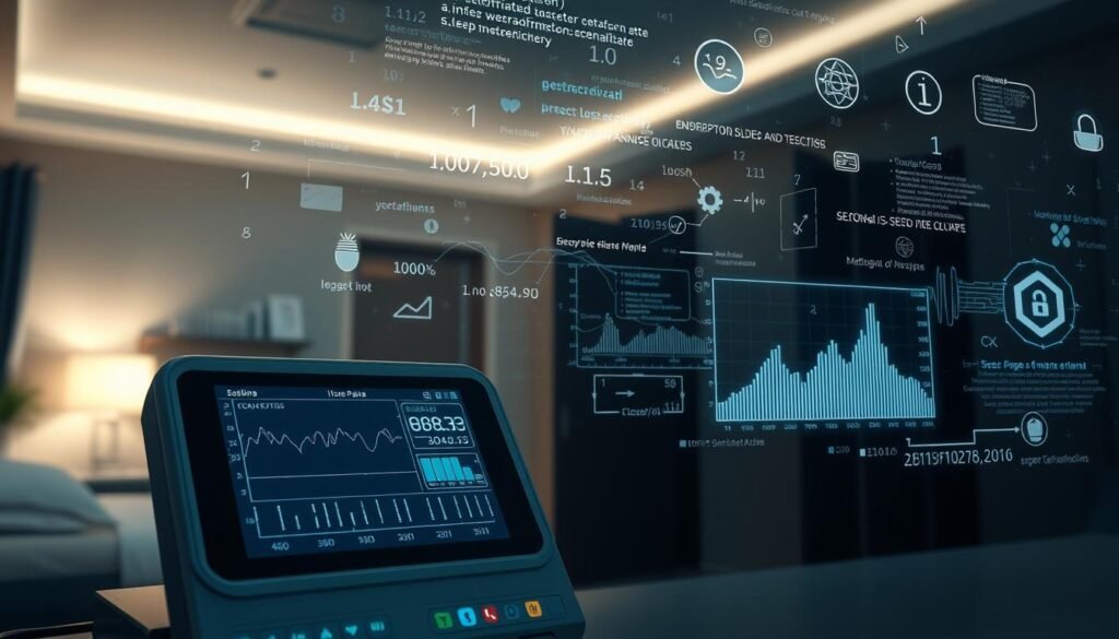 A highly detailed and technical illustration of encrypted health data from a iCareCPAP sleep apnea machine. In the foreground, a sleek medical device with a digital display showcasing encrypted graphs and statistics. In the middle ground, a series of complex algorithms and data visualizations, with lines of code and mathematical symbols floating in the air. In the background, a dimly lit medical environment with soft lighting, conveying a sense of privacy and security. The overall mood is one of technological sophistication and the importance of protecting sensitive health information. A highly detailed and technical illustration of encrypted health data from a iCareCPAP sleep apnea machine. In the foreground, a sleek medical device with a digital display showcasing encrypted graphs and statistics. In the middle ground, a series of complex algorithms and data visualizations, with lines of code and mathematical symbols floating in the air. In the background, a dimly lit medical environment with soft lighting, conveying a sense of privacy and security. The overall mood is one of technological sophistication and the importance of protecting sensitive health information.