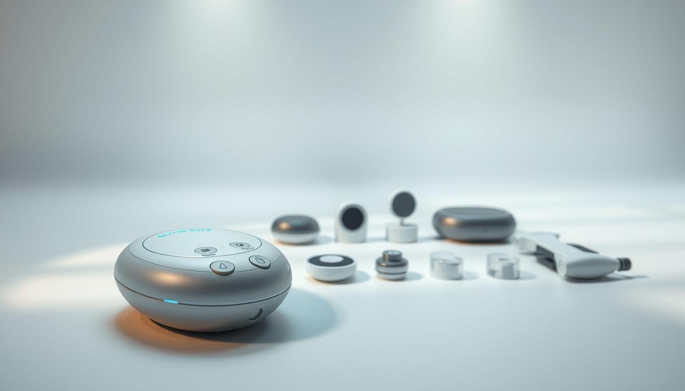 A sleek, futuristic electric device designed for personal wellness, showcasing its innovative features in a clean, well-lit environment. The foreground highlights the electric device with detailed textures and controls, smoothly integrated into a modern, ergonomic shape. The middle ground includes various interchangeable components neatly displayed, emphasizing their hygienic design. The background is minimalistic with soft lighting, creating a calm atmosphere, combined with subtle hints of high-tech ambiance. Capture the essence of modern technology with a focus on design aesthetics and functionality. Use a slightly elevated angle to provide a comprehensive view, ensuring all elements are visible and appealing, while maintaining a professional and safe representation suitable for an informative article.